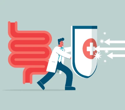 ilustração de um médico segurando um escudo de proteção para intestino